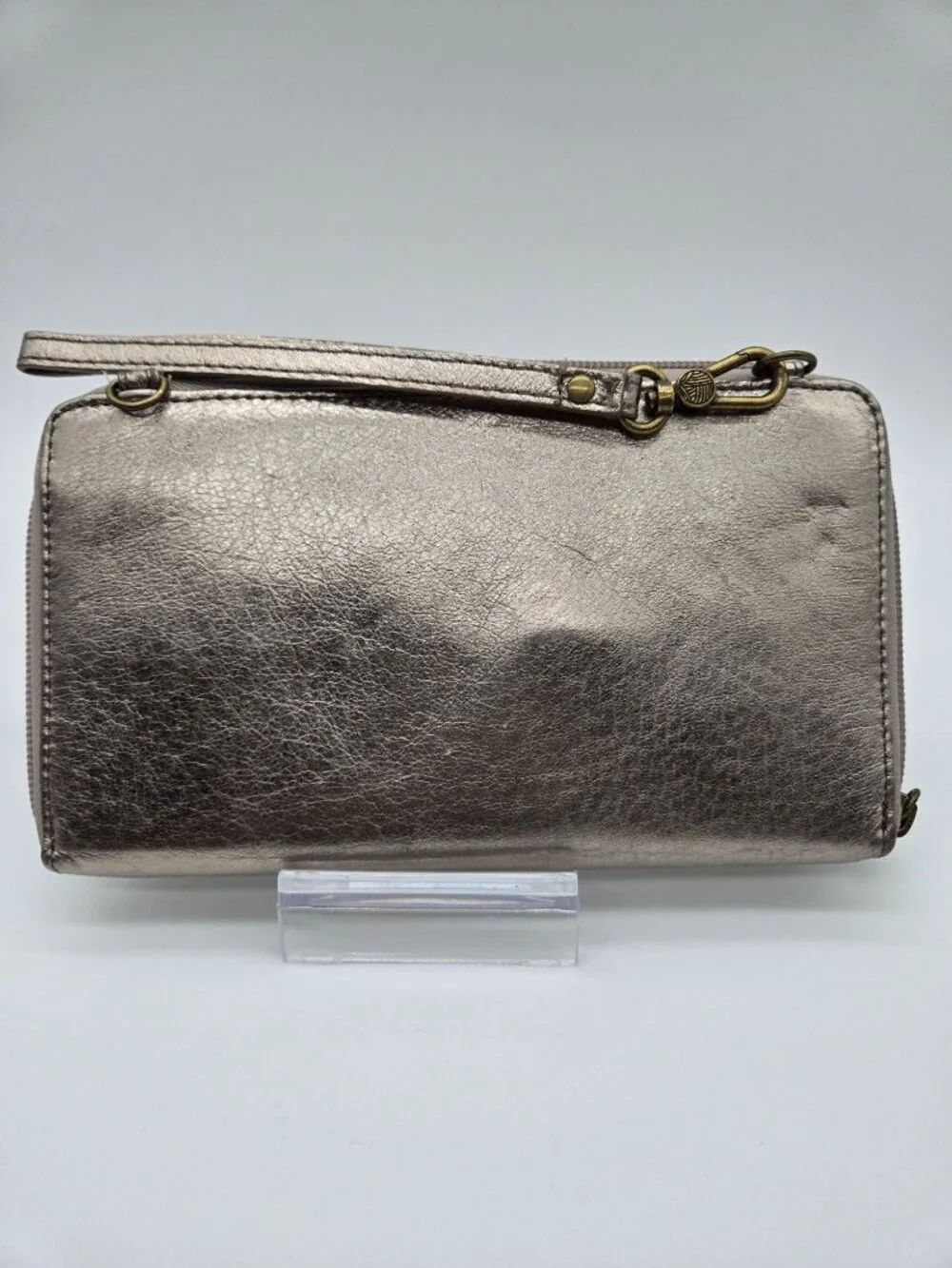 The Sak Iris Silver Metallic Leather Phone Wallet Wristlet RFID Clutch